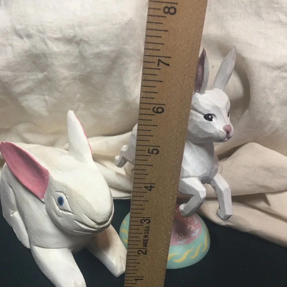 Pair Of 2 Wood Carved Rabbits Bunnies Primitive Folk Art Wooden Easter‎ Pier One